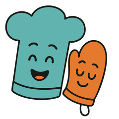 Happy chef hat, oven mitt, cartoon, kitchen, cute, smile