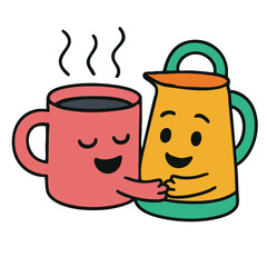 Happy coffee mug, smiling teapot, cute cartoon, friendship, hug