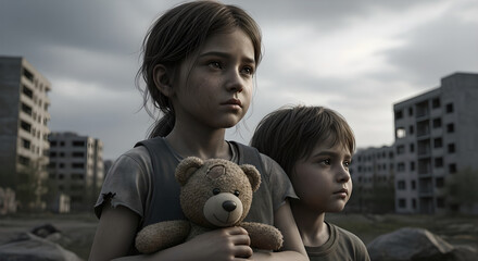 Girl and boy holding teddy bear in post-apocalyptic city ruins. Young children survivors amid destroyed urban buildings. Dystopian world survival and hope concept
