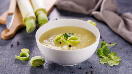 bowl of leek soup, top view