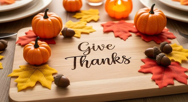 Festive thanksgiving table setting with pumpkins, acorns, and colorful autumn leaves arranged around a wooden cutting board with the words give thanks