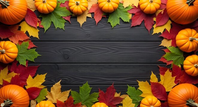 Autumn background with pumpkins and colorful leaves arranged in a circle frame on dark wooden planks, perfect for fall season designs - Powered by Adobe