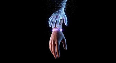 Obraz premium Hand reaching for glowing digital whisk in holographic form. Futuristic kitchen utensil with blue light particles. Innovative cooking technology and modern culinary tool concept for digital age