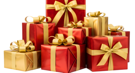 Pile of red and gold wrapped gifts isolated on transparent background