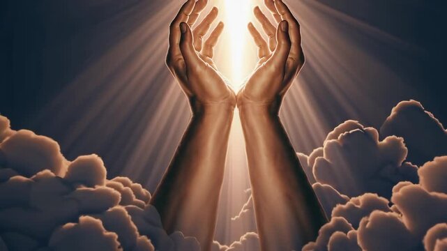Open hands of God or Jesus Christ in glowing clouds, symbolizing blessing, prayer, and divine worship.