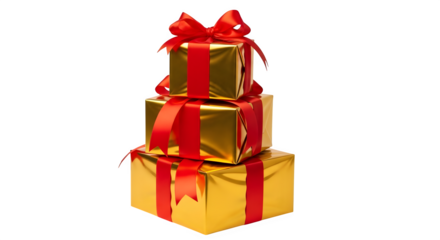 Stacked gold wrapped gifts with red ribbons isolated on transparent background