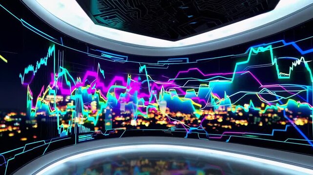 Holographic interface with streaming financial data and graphs against city backdrop.