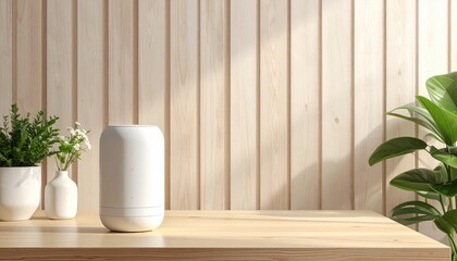 Cylinder on desk with potted plants, wood wall backdrop