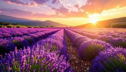 Naklejka premium A breathtaking view of a sprawling lavender field under a vibrant sunset, with rolling hills and a colorful sky.
