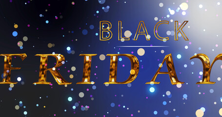 Naklejka premium Cinematic Gold Black Friday typographic animated particle flowing bg. Sales business expansion, advertisement backdrop for promotion of Mid night discount. Deal of the day, best offer of the year