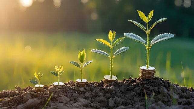 Emerging plants nurtured by sunlight and money representing steady financial development through patience, nature, and long-term planning.