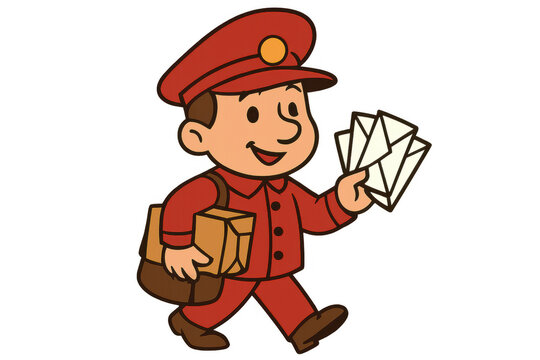 Postman delivering mail and parcels, wearing a uniform and smiling, providing postal service, transparent background