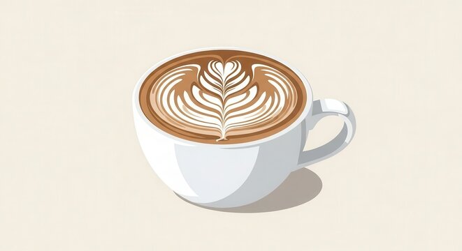Ceramic cup displays intricate fern pattern skillfully created in steamed milk foam atop brown espresso beverage