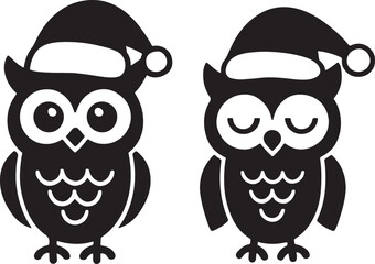 Two stylized owls wearing Santa hats for festive decoration silhouette vector illustration