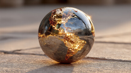 Metallic globe with gold reflective surface displays continents, symbolizing financial prosperity