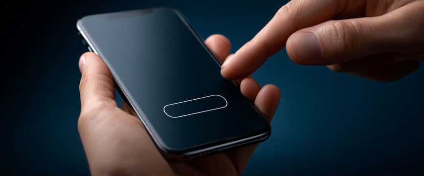 Close-up of a person holding a smartphone with a finger about to tap a blank button on the screen in a dark environment - Powered by Adobe