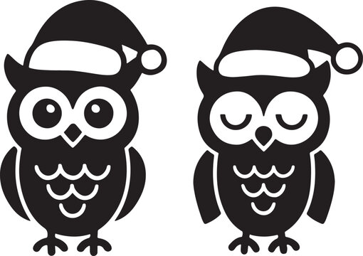 Two stylized owls wearing Santa hats for festive decoration silhouette vector illustration