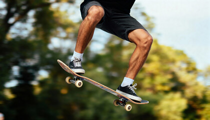 A close-up shot capturing a person performing a skateboard trick while airborne outdoors, in a park.