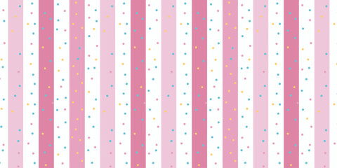 Pink and white striped background with small colorful dots scattered across the entire surface area view