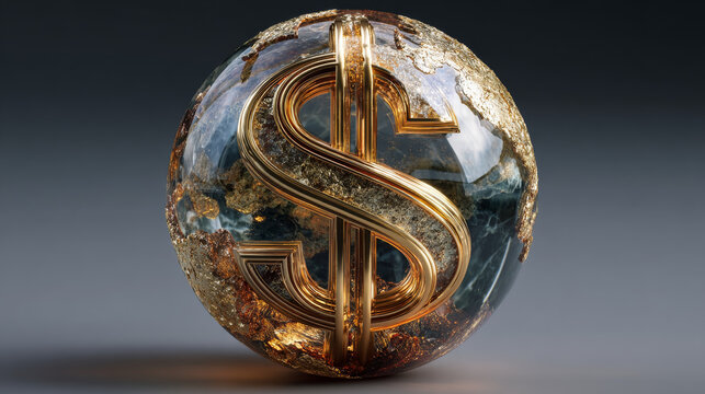 Golden dollar sign is embedded in reflective globe, symbolizing global financial power and influence