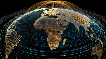 Digital globe with glowing data points and lines represents global connectivity and data exchange. visualization is dynamic and futuristic
