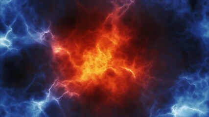 Abstract background of a dramatic cosmic storm with a fiery red explosion at its core, surrounded by dark clouds and intense blue lightning bolts - Powered by Adobe