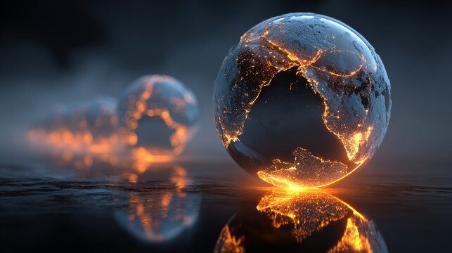 Glowing digital artwork of Earth with illuminated continents reflects dark surface, symbolizing global connectivity and technological advancement