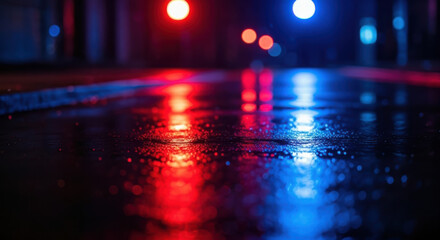 Vibrant reflections of red and blue lights on a wet city street
