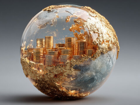 Transparent globe with gold coins inside symbolizes global economic growth and wealth