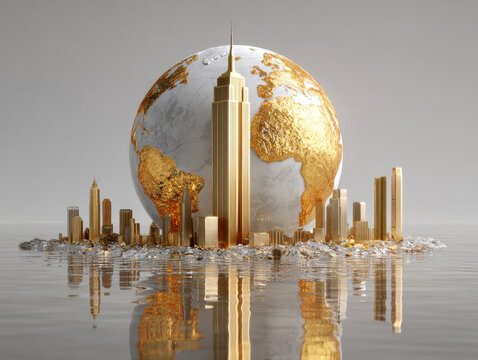 Golden cityscape surrounds polished globe with continents in gold, reflecting in water, symbolizing global prosperity - Powered by Adobe