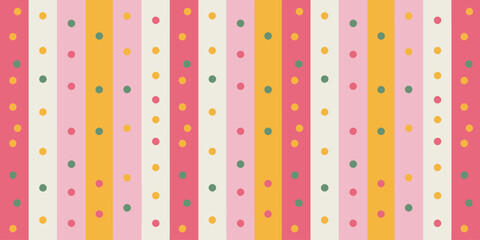 Colorful striped pattern with pink, yellow, and white vertical lines and scattered polka dots design