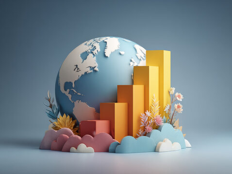 Globe with colorful bar graphs and floral elements symbolizes global growth and progress