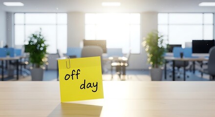 A bright office scene with a yellow sticky note reading off day on a desk, symbolizing time off and a break from work routine