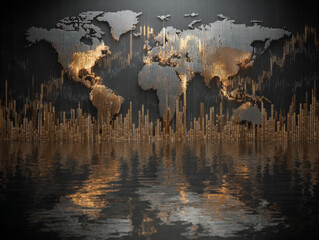Digital world map with golden cityscape reflections symbolizes global financial growth and market dynamics