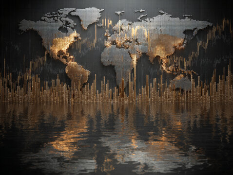 Digital world map with golden cityscape reflections symbolizes global financial growth and market dynamics - Powered by Adobe