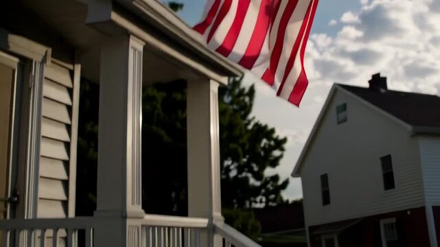 American flag on corner of residential house in sunlight with blurred background.