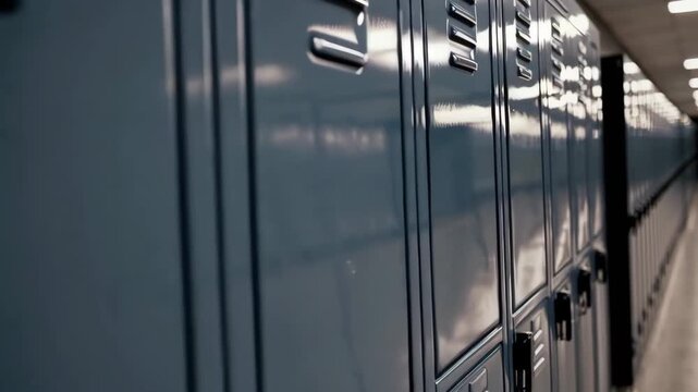 Row of high school lockers in a dimly lit corridor.