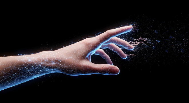 Womans hand reaching into digital realm with glowing blue particles and neural network lines on dark background. Futuristic cyber technology concept for virtual reality interaction. Innovation in