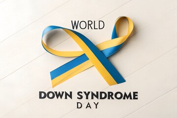 Blue and yellow ribbon for world down syndrome day on a white wooden background