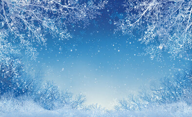 Falling snow winter landscape blue sky frosty branches snowflake sparkle, serene wonder