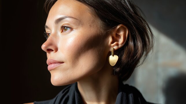 Portrait de profil d'une femme aux cheveux courts portant des bijoux dor&eacute;s
