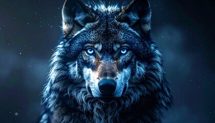 Intense blue-eyed wolf portrait, fur textured, cool-toned background with blurred specks and shadows, direct gaze