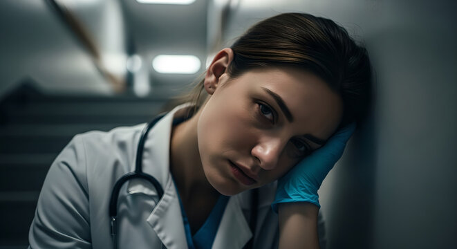 Exhausted woman doctor leaning head against hospital staircase wall. Tired female medic in white lab coat with stethoscope and blue glove. Healthcare burnout and professional fatigue concept after