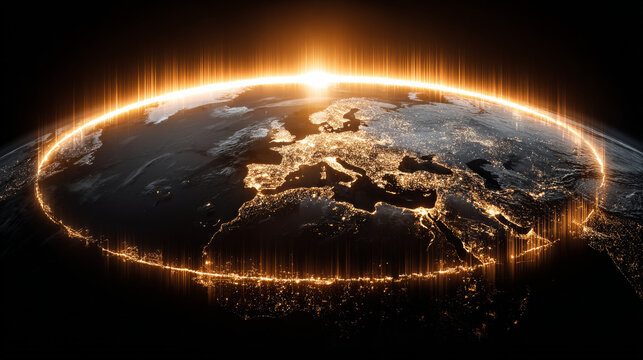 Glowing depiction of Earth from space, highlighting Europe with radiant lights and sunrise horizon, symbolizing global connectivity