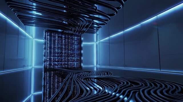 Blue-lit futuristic room with colossal supercomputer server overseeing digital operations.