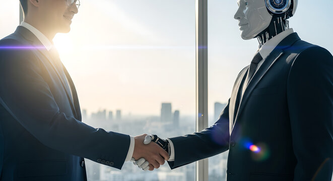 Businessman shaking hands with humanoid robot in modern office. Human and artificial intelligence partnership. Future of corporate collaboration and technology integration in business.