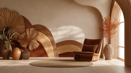 Boho modern interior with abstract textured wall and earthy decor elements