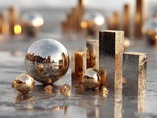 Reflective metal sphere and golden cubes create futuristic cityscape on textured surface