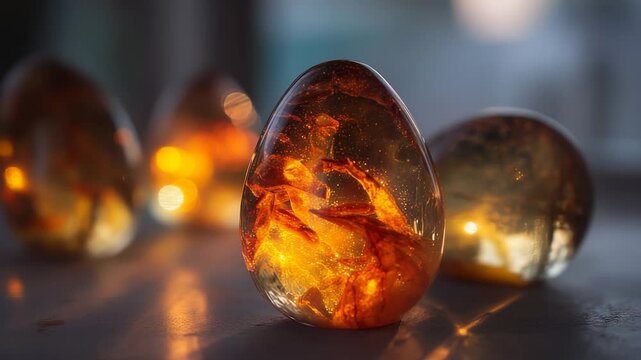 Four amber-colored eggs display intricate patterns and warm light effects. These amber-colored eggs reflect the surrounding light, creating a captivating visual experience.