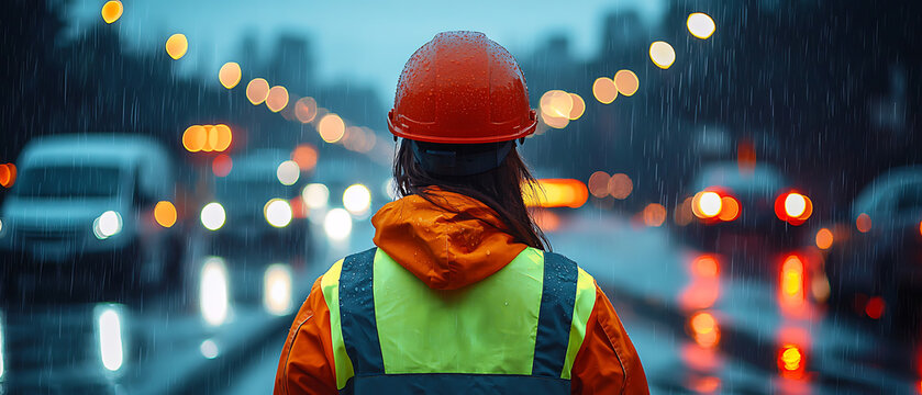 Construction worker in high visibility gear on a rainy city street at night
